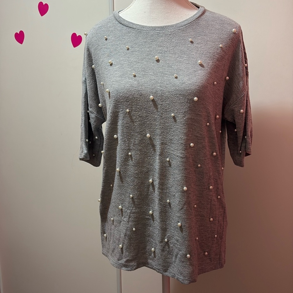 DKNY Gray Pearl Embellished Dolman Sleeve Top